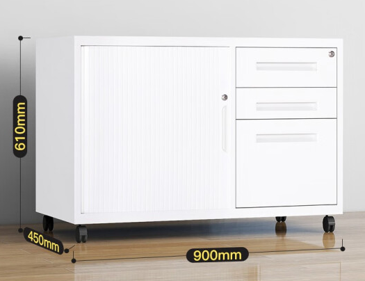 Left Rolling Door Three Drawer Cabinet